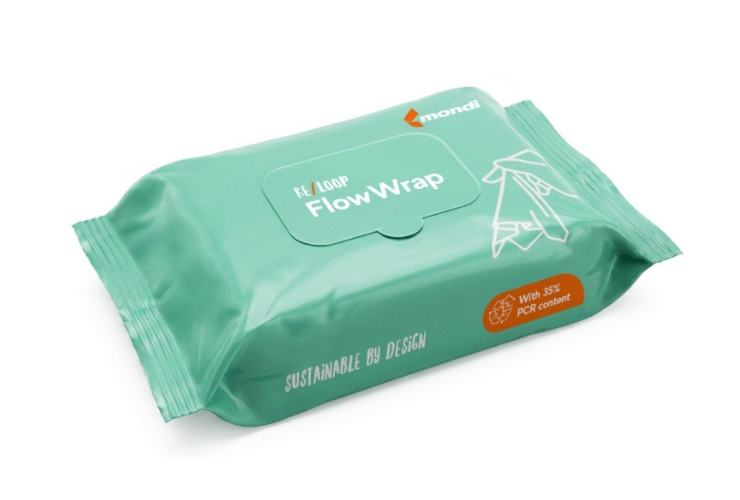 Mondi reloop FlowWrap wet wipes packaging image from FlexoTech